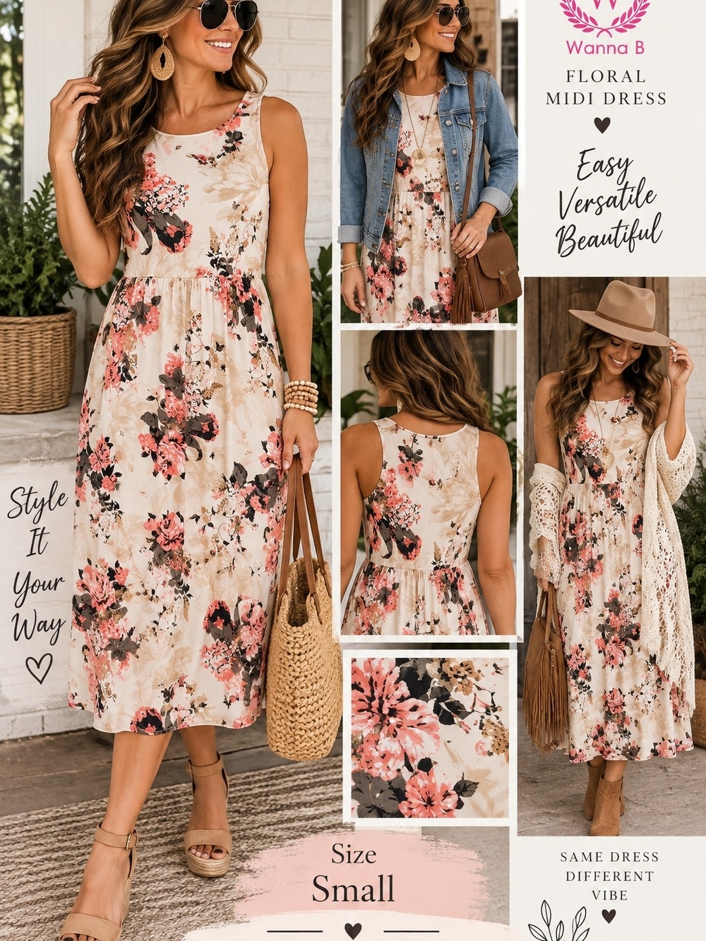 Anna Floral Midi Dress - Cream, Pink & Black